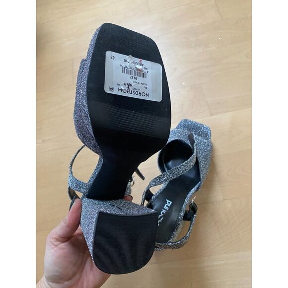 Abound "Lucia" Block Heel Platform Sandals Silver Glitter Ankle Strap - Picture 7 of 7